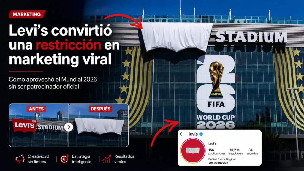 estrategia de marketing de levis en el Mundial 2026 con logo cubierto en el estadio